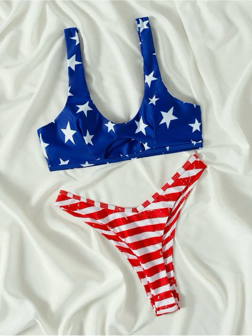 Splash Blue Star Crop Bikini Top & Red Striped Bottom